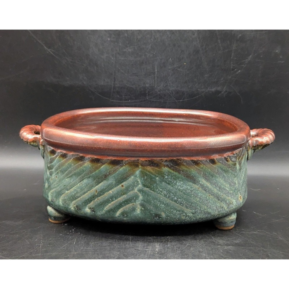 Vintage Studio Art Pottery Planter‎ Bonsai Pot Green 10.5" Handle Signed